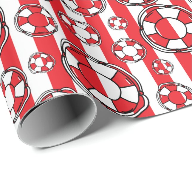 Papier Cadeau Nautique Rouge rayé Lifebouy Motif de bord de mer (Coin rond)