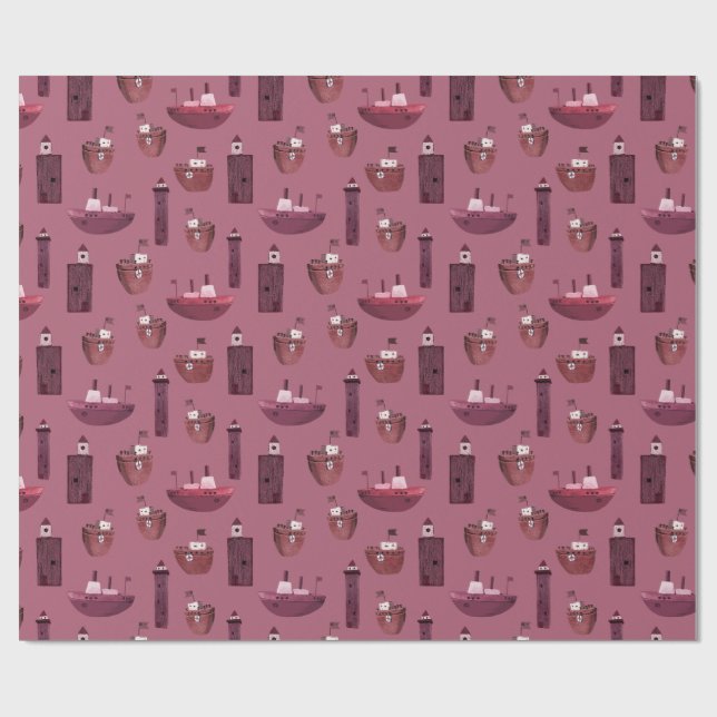 Papier Cadeau Navires et phares en bois Plum poussiéreux (Plat)