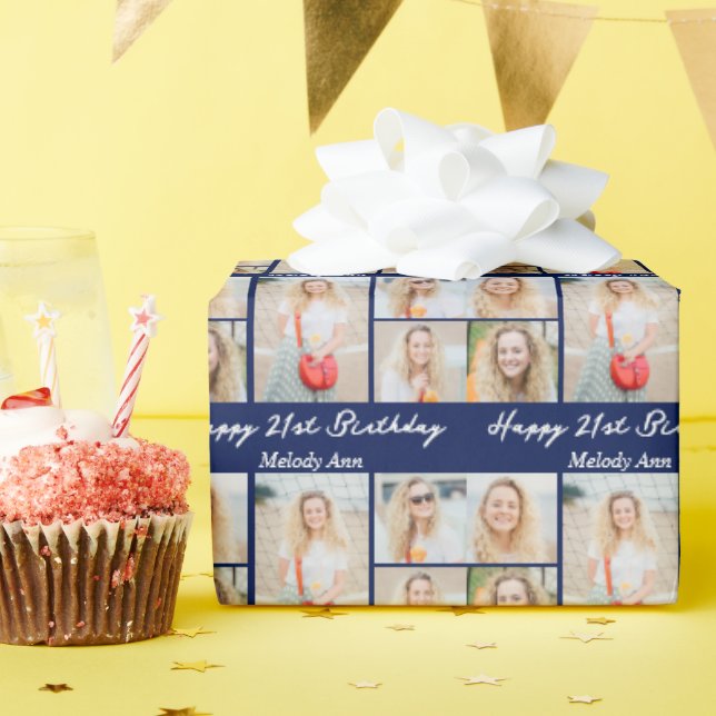 Papier Cadeau Navy Blue Happy Birthday Photo Collage (Fête d'anniversaire)