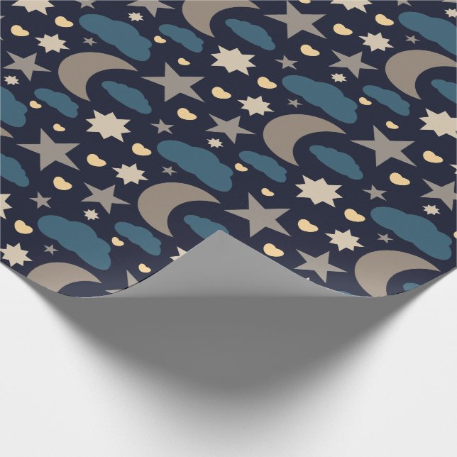 Papier Cadeau Navy Blue Moon Stars and Clouds Gift Wrap (Coin)