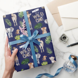 Papier Cadeau Navy Blue Wild one, animaux de la jungle 1er anniv
