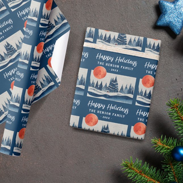 Papier Cadeau Navy Blue Winter Landscape Forest Moon Drawing  (Créateur téléchargé)