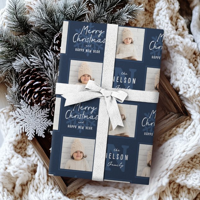 Papier Cadeau Navy Merry Christmas Calligraphy Family 2 photo (Navy Merry Christmas Calligraphy Family 2 photo Wrapping Paper)