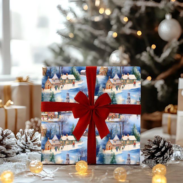 Papier Cadeau Neige hiver Nouvelle-Angleterre Village Noël (Snowy Winter Wonderland New England Village Landscape Ice Skating Christmas Holiday Wrapping Paper)