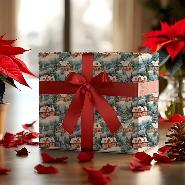 Papier Cadeau Neige hiver Village Noël (Snowy Winter Wonderland Swiss Village Landscape Christmas Holiday Multi-Colored Wrapping Paper)
