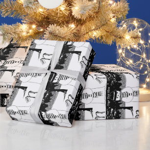 Papier Cadeau neige mignonne scène souriante noir et blanc