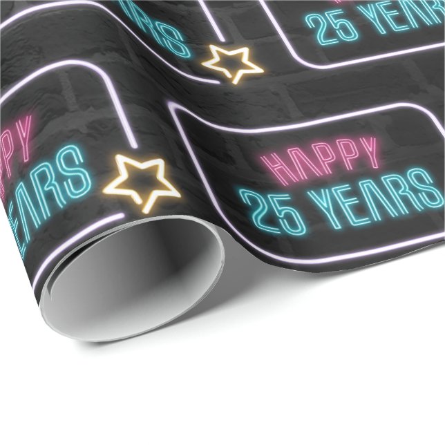 Papier Cadeau Neon 25th Birthday Marquee On Brick Wrapping Paper (Coin rond)