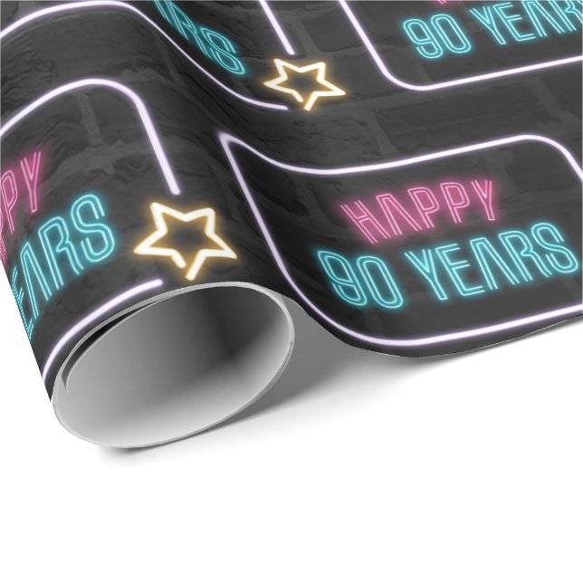 Papier Cadeau Neon 90th Birthday Marquee On Brick (Coin rond)
