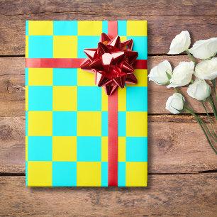 Papier Cadeau Neon Cyan Jaune À damiers Checkerboard Vintage