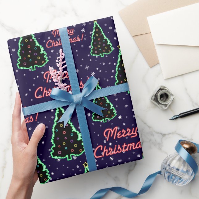 Papier Cadeau Neon Festive Joyeux arbres de Noël et neige (Cadeaux)