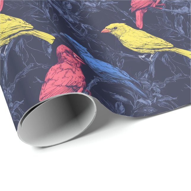 Papier Cadeau Neon Songbirds Botanical Wrapping Paper (Coin rond)