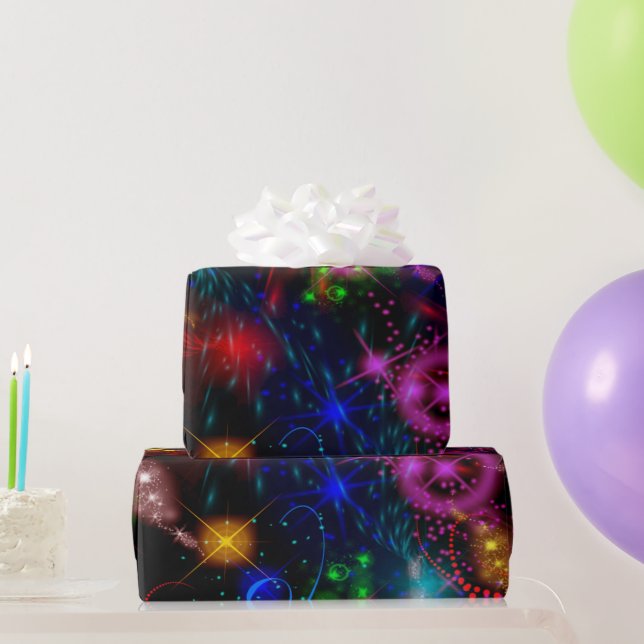Papier Cadeau Neon Stars Fils Paint Splatter Abstrait (Cadeaux de fête)