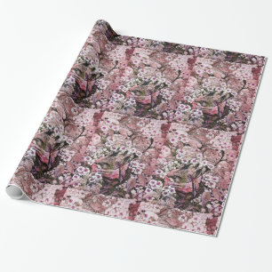 PAPIER CADEAU NEST D'OISEAU, ARBRE AVEC FLEURS DE PRINTEMPS ROSE