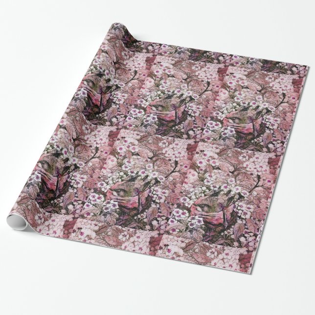 PAPIER CADEAU NEST D'OISEAU, ARBRE AVEC FLEURS DE PRINTEMPS ROSE (Déroulé)