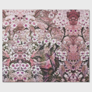 PAPIER CADEAU NEST D'OISEAU, ARBRE AVEC FLEURS DE PRINTEMPS ROSE