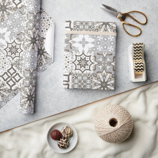 Papier Cadeau Neutre, beige, gris, tuiles marocaines (Artisanat)