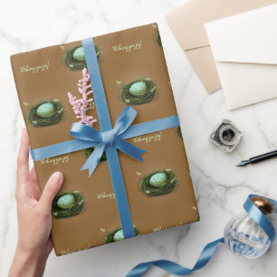 Papier Cadeau Nid d'oiseau avec Oeuf Bleu Speckled Brown Custom