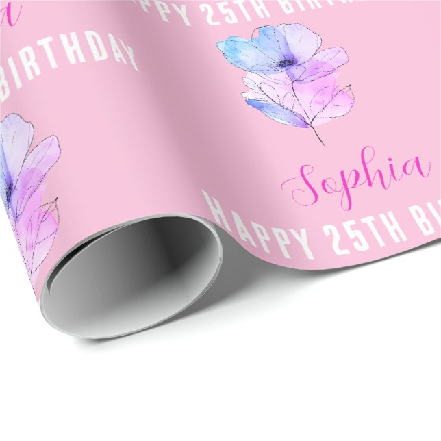 Papier Cadeau N'importe quel anniversaire, nom, rose et bleu aqu (Coin rond)