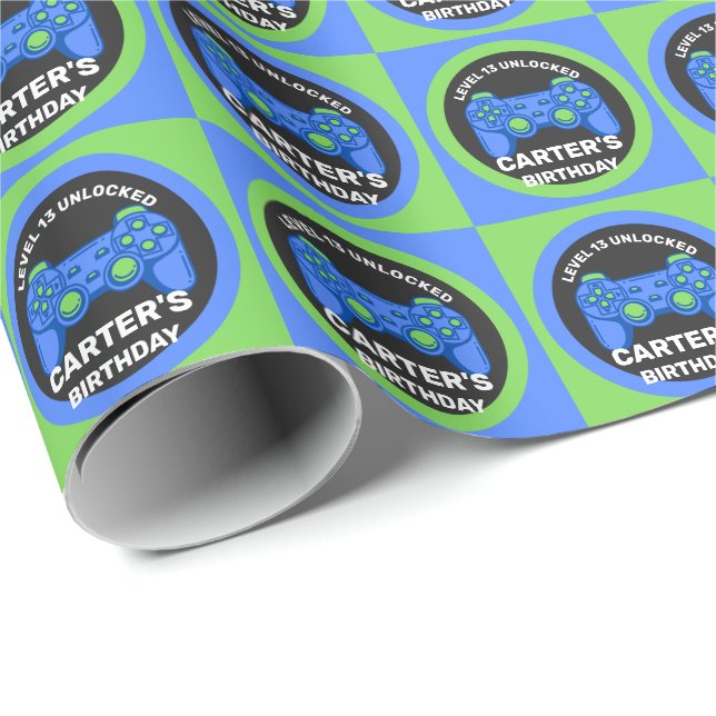 Papier Cadeau Niveau Déverrouillé Gamer Enfant's Birthday Wrappi (Coin rond)