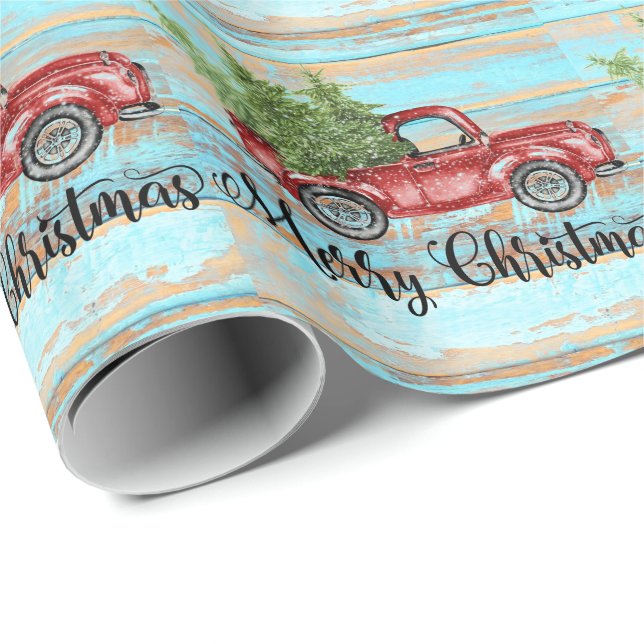Papier Cadeau Noël à la campagne du Camion Rouge rétro (Coin rond)