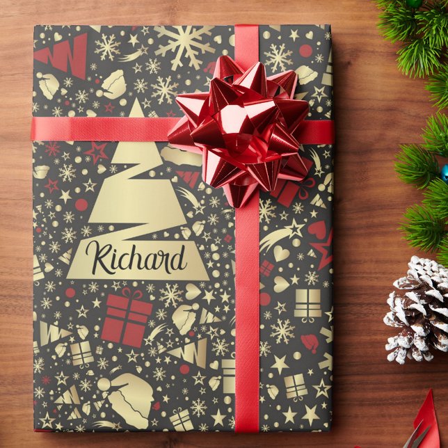 Papier Cadeau Noël Ajouter un nom Arbre cadeaux en rouge (Créateur téléchargé)