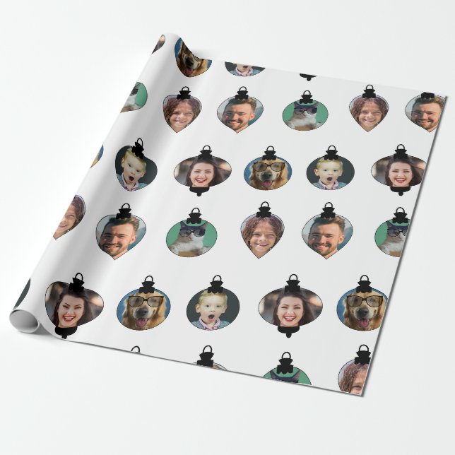 Papier Cadeau Noël Amusant Famille Visages Ornements Blanc (Déroulé)