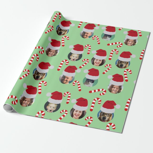 Papier Cadeau Noël Amusant Photo de famille Chapeaux de Père Noë (Déroulé)
