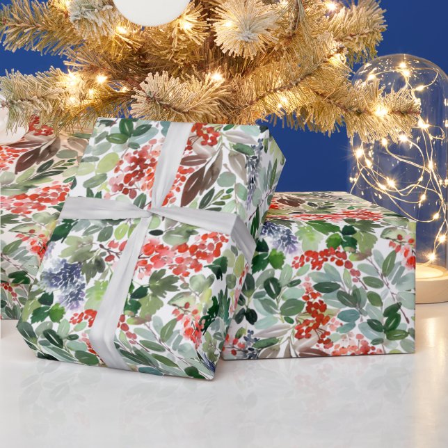 Papier Cadeau Noël Aquarelle Feuillage Holly Berry Holiday (Vacances)