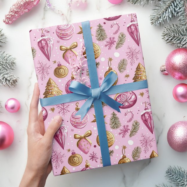 Papier Cadeau Noël Arbre Hot Rose Gold (Christmas Tree Hot Pink Gold Holiday Wrapping Paper)