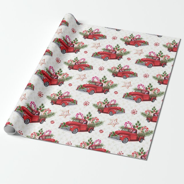 Papier Cadeau Noël Arbre Rouge Voiture Vacances (Déroulé)
