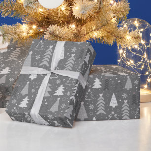 Papier Cadeau Noël Arbres Flocon de neige Gris et Blanc Noël
