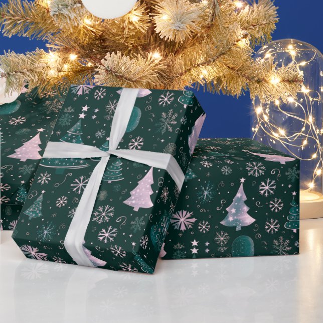 Papier Cadeau Noël Arbres Snowflakes Green Christmas (Vacances)