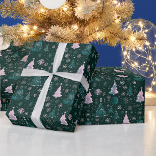 Papier Cadeau Noël Arbres Snowflakes Green Christmas