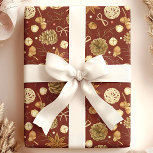 Papier Cadeau Noël au cône de pin aquarelle rustique