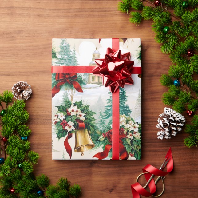 Papier Cadeau Noël Bells Ruban Poinsettia Fleur (Cadeau de vacances)