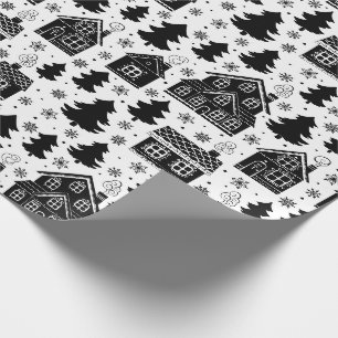 Papier Cadeau Noël Black Maison Blanche Arbres Snowflakes