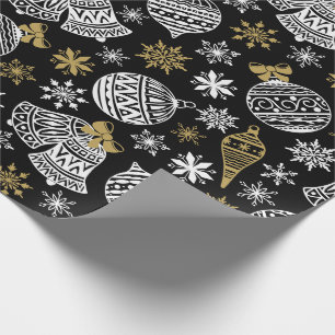 Papier Cadeau Noël Blanc Black Gold cloches Baubles Flèche de ne