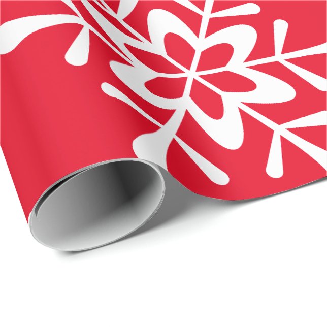 Papier Cadeau Noël blanc Flocon de neige rouge Barrière (Coin rond)