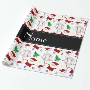 Papier Cadeau Noël blanc nommé personnalisé de base-ball