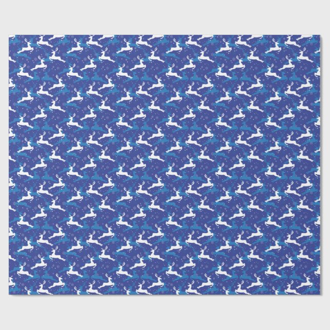 Papier Cadeau Noël Bleu et Blanc Sauts Cerf (Plat)