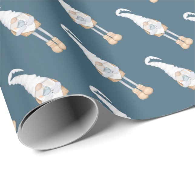 Papier Cadeau Noël bleu Gnome Noël Fêtes de Noël (Coin rond)