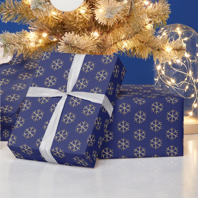 Papier Cadeau Noël bleu marine flocons d'or élégant (Vacances)