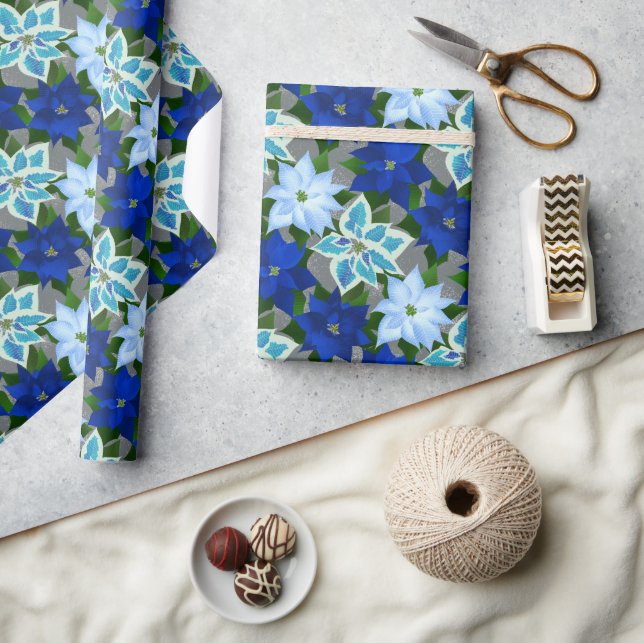 Papier Cadeau Noël bleu Poinsettia (Artisanat)