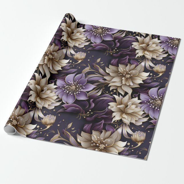 Papier Cadeau Noël botanique élégant or et violet (Déroulé)