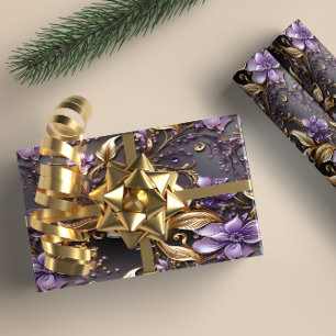 Papier Cadeau Noël botanique élégant or et violet
