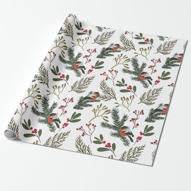 Papier Cadeau Noël Branches d'oiseaux d'hiver Papier d'enveloppe (Déroulé)
