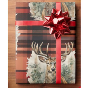 Papier Cadeau Noël brûlé orange Tartan Reindeer