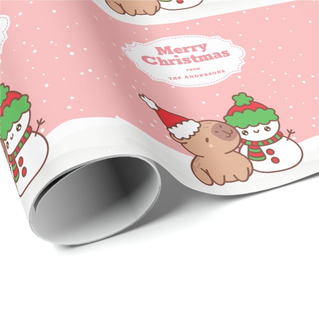 Papier Cadeau Noël Capybara Et Snowman Mignonne (Coin rond)
