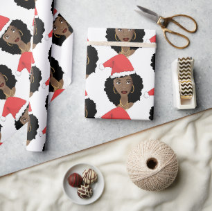 Papier Cadeau Noël Chapeau rouge, Femme noire, Cheveux naturels