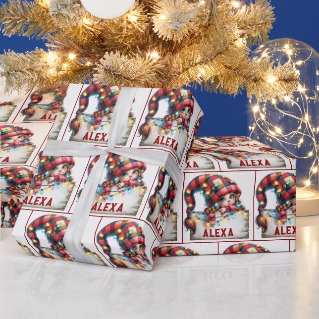 Papier Cadeau Noël Chibi Gnome Avec Nom Personnalisé (Vacances)